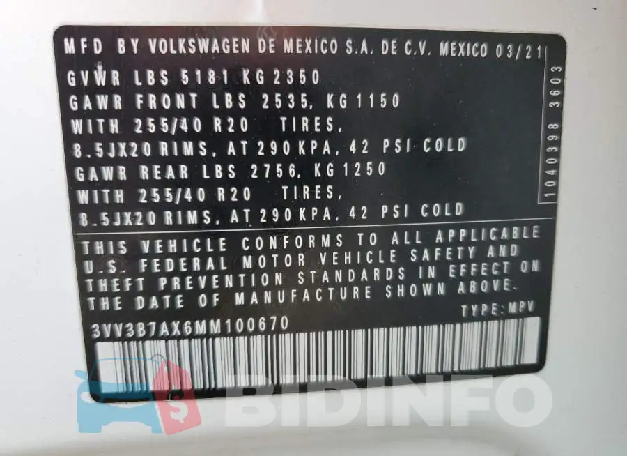 3VV3B7AX6MM100670 Photo# 13