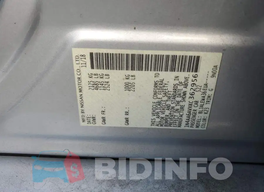 1N4AA6AVXKC362956 Photo# 12
