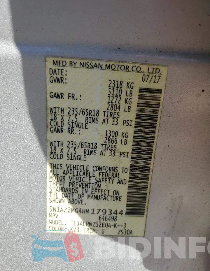 5N1AZ2MG4HN179344 Photo# 13