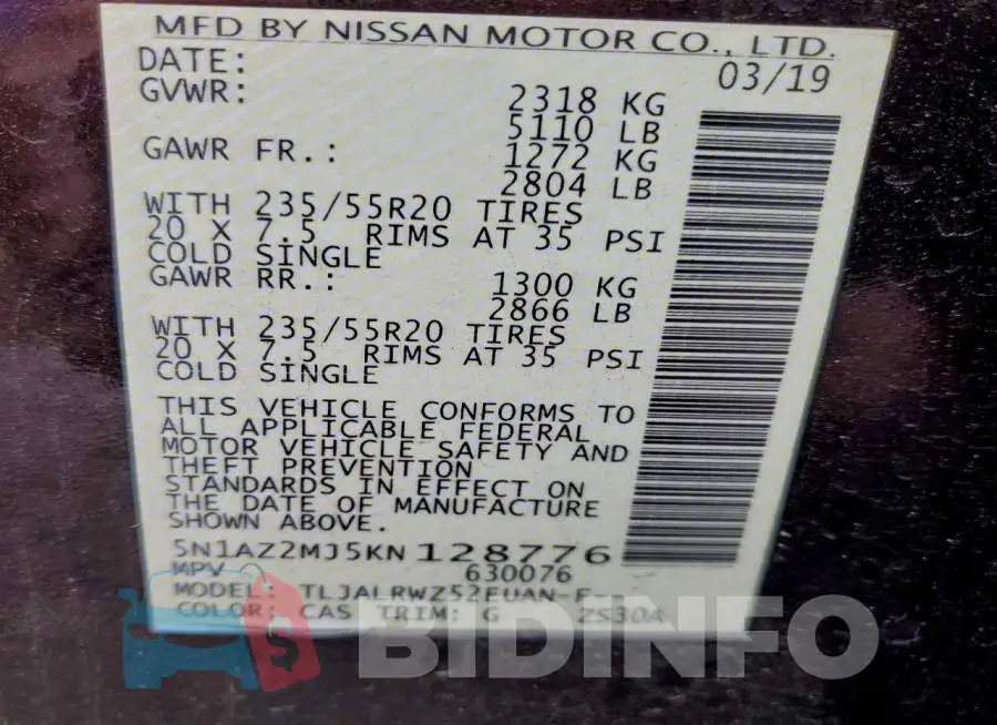 5N1AZ2MJ5KN128776 Photo# 14