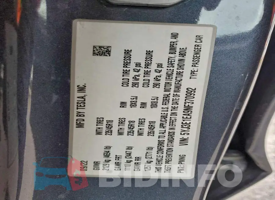 5YJ3E1EA9NF370992 Photo# 12