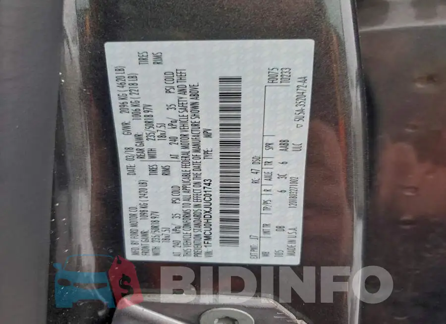 1FMCU0HDXJUC01743 Photo# 13