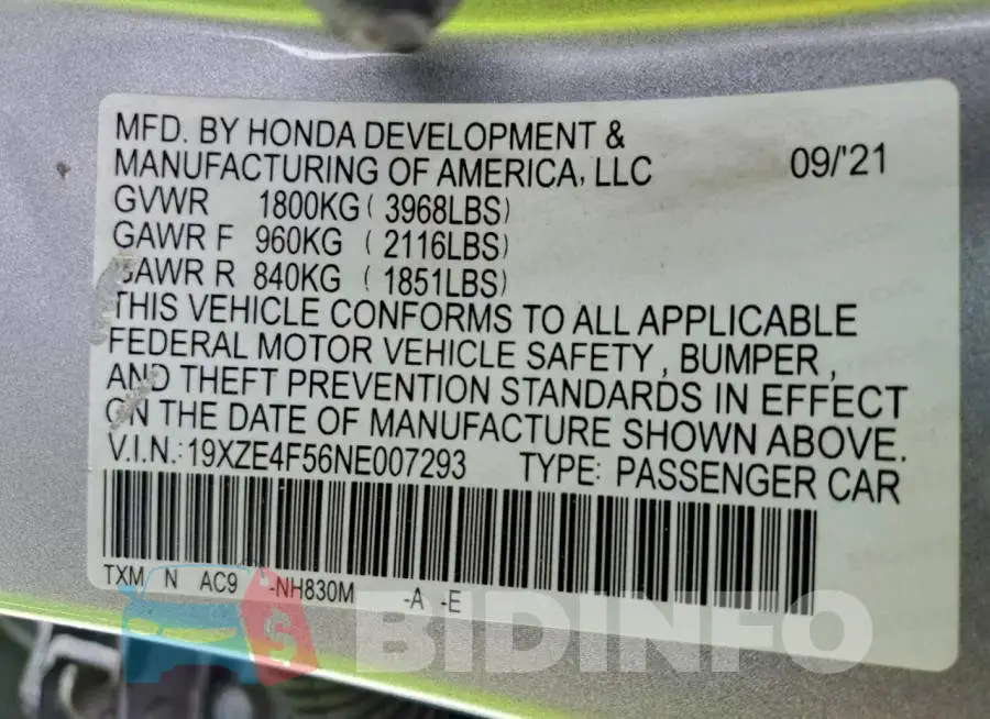 19XZE4F56NE007293 Photo# 12