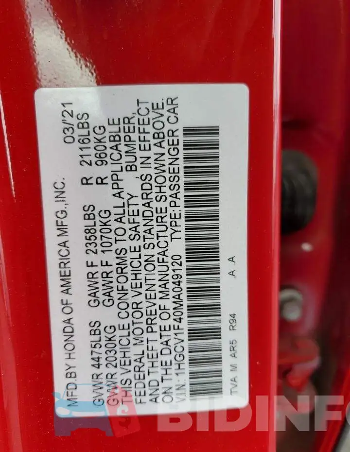 1HGCV1F40MA049120 Photo# 12