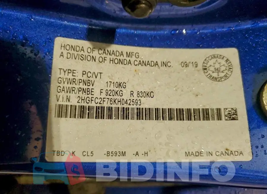 2HGFC2F76KH042593 Photo# 12