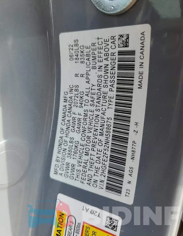 2HGFE2F52NH588675 Photo# 12