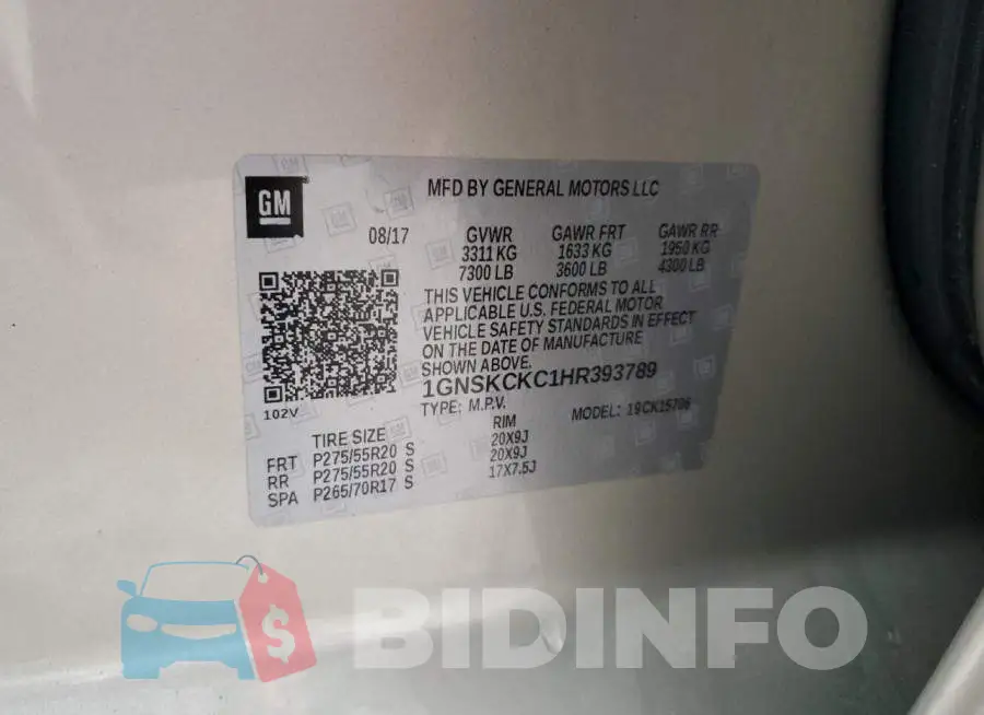 1GNSKCKC1HR393789 Photo# 14
