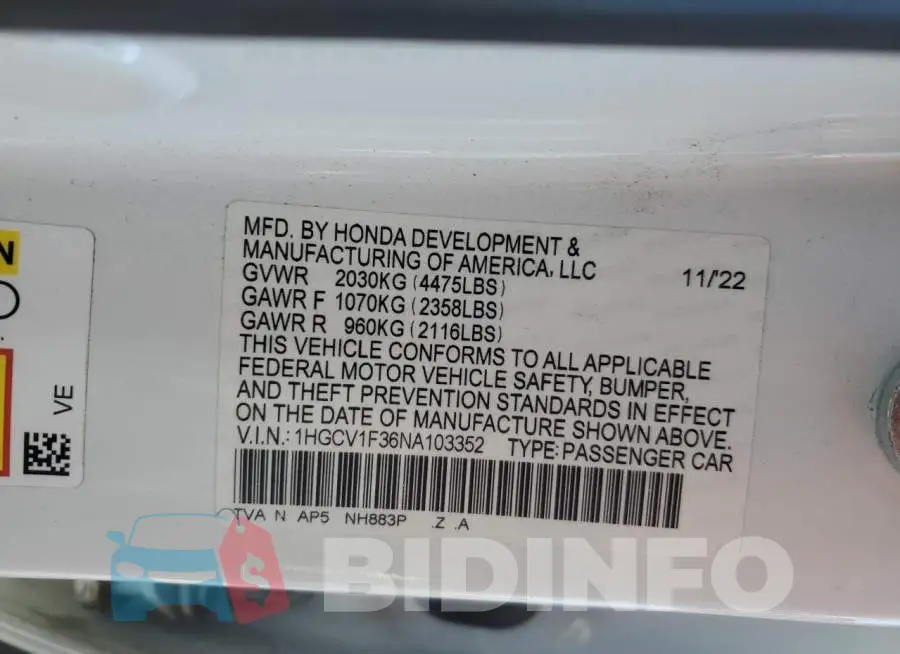 1HGCV1F36NA103352 Photo# 13