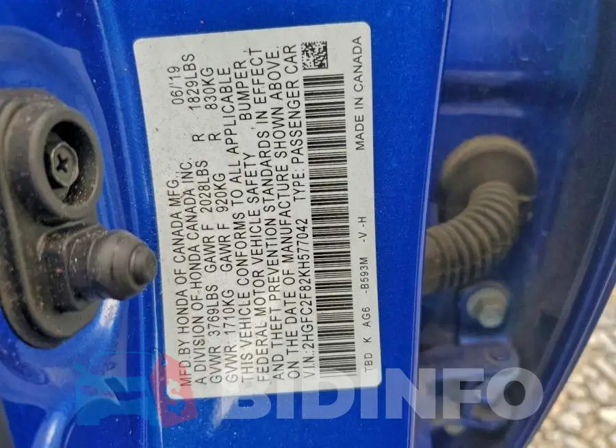2HGFC2F82KH577042 Photo# 12