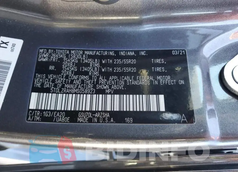 5TDLZRAH8MS058923 Photo# 13