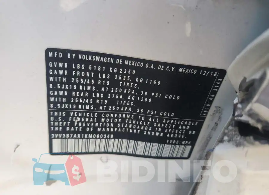 3VV3B7AX1KM060348 Photo# 13