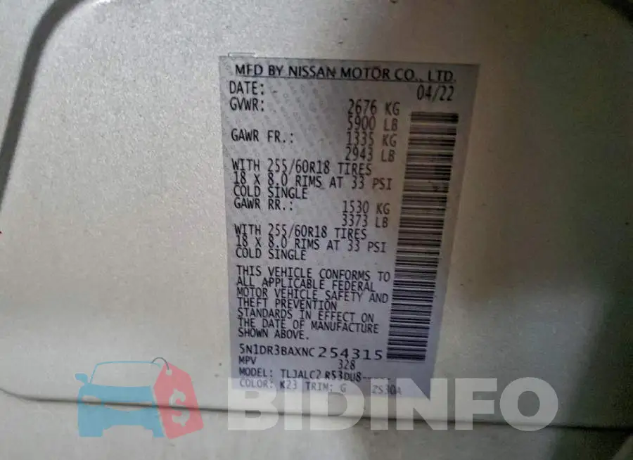 5N1DR3BAXNC254315 Photo# 13