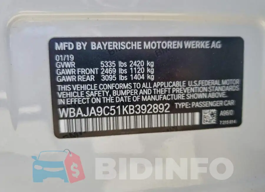 WBAJA9C51KB392892 Photo# 12