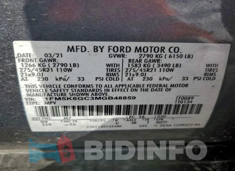 1FM5K8GC3MGB48859 Photo# 13