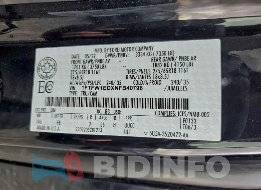 1FTFW1EDXNFB40796 Photo# 13