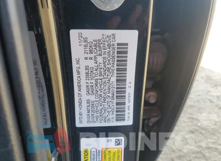 1HGCV1F39MA012171 Photo# 12