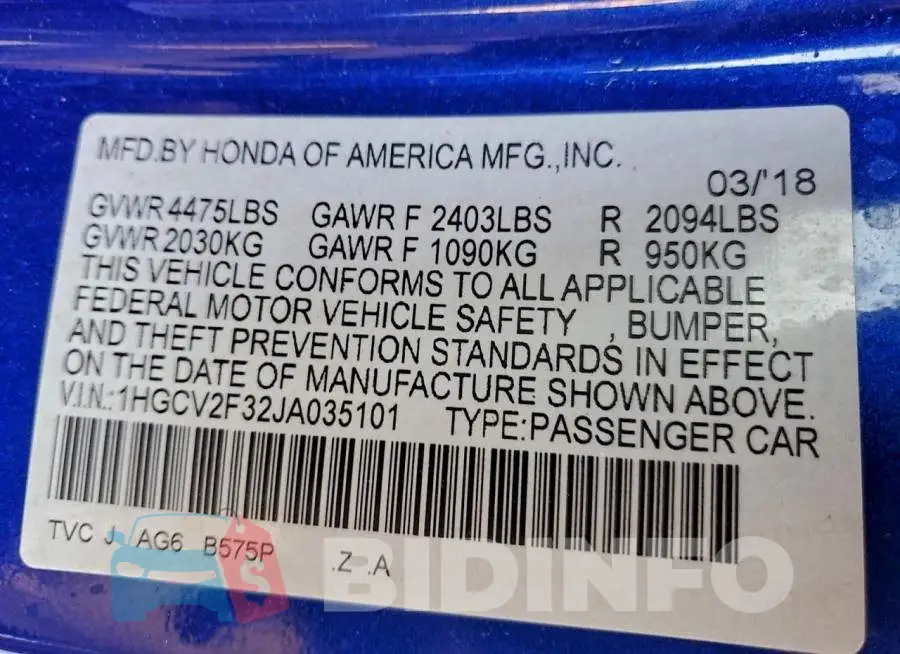 1HGCV2F32JA035101 Photo# 13