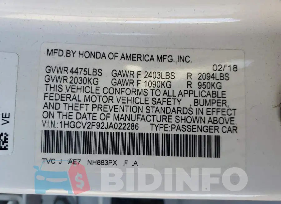 1HGCV2F92JA022286 Photo# 12
