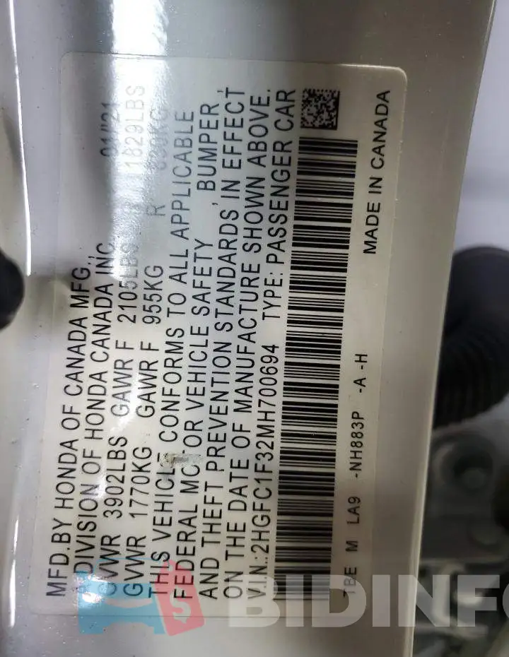 2HGFC1F32MH700694 Photo# 12