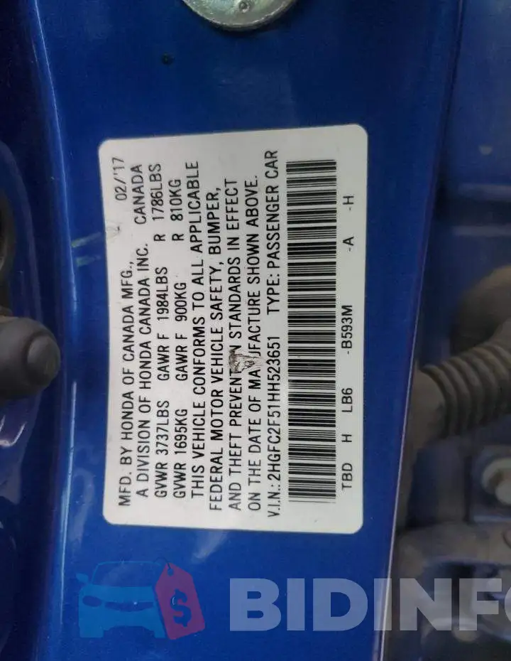 2HGFC2F51HH523651 Photo# 12
