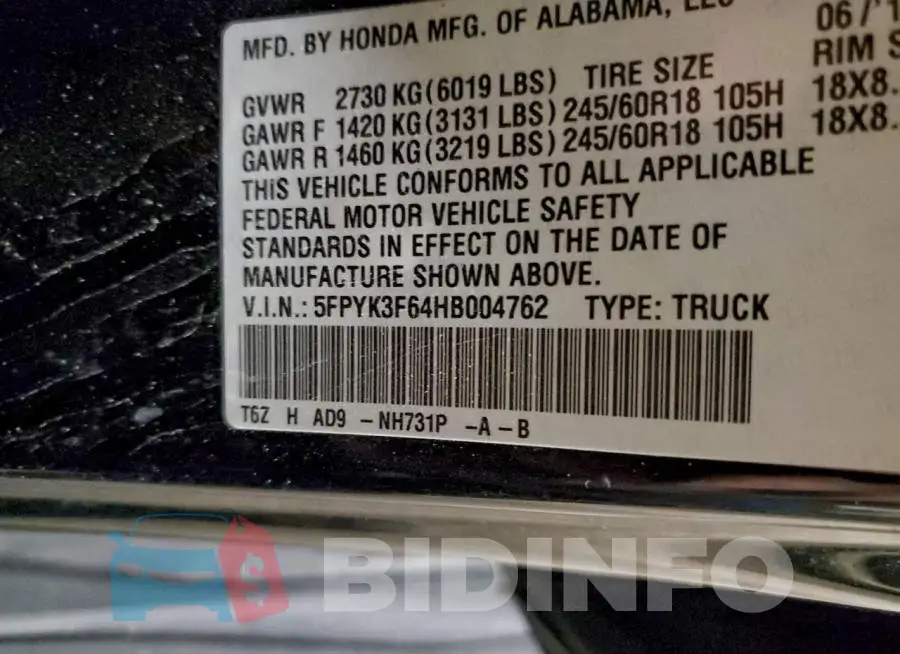 5FPYK3F64HB004762 Photo# 12