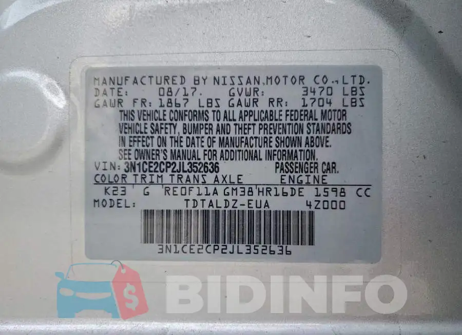 3N1CE2CP2JL352636 Photo# 13