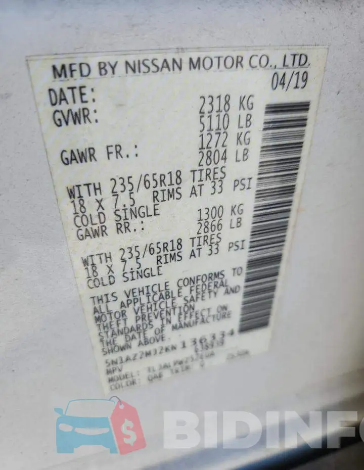 5N1AZ2MJ2KN136334 Photo# 14