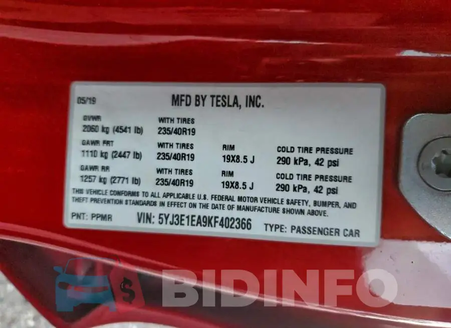 5YJ3E1EA9KF402366 Photo# 12
