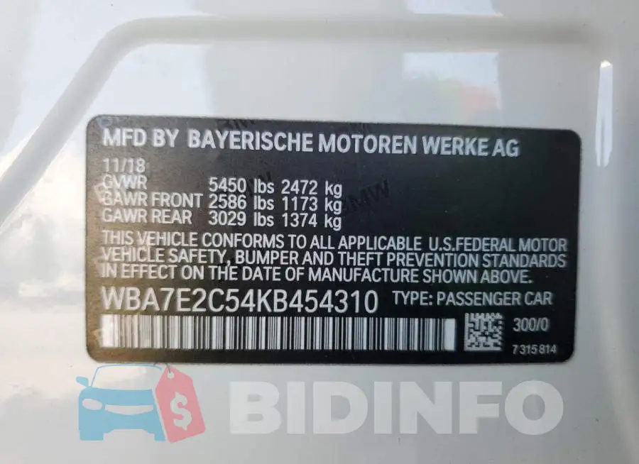 WBA7E2C54KB454310 Photo# 12