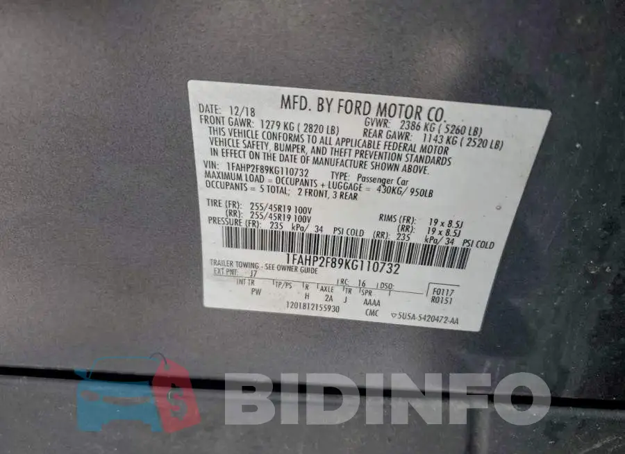1FAHP2F89KG110732 Photo# 12