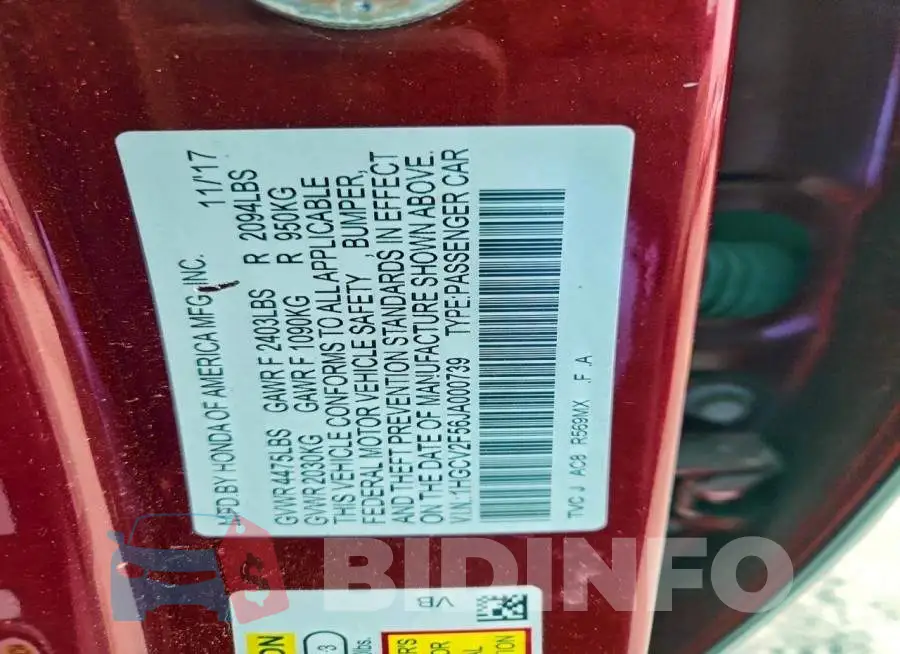 1HGCV2F56JA000739 Photo# 12