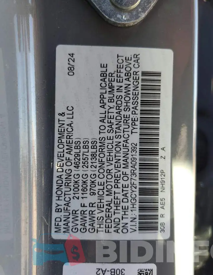 1HGCY2F73RA091392 Photo# 12