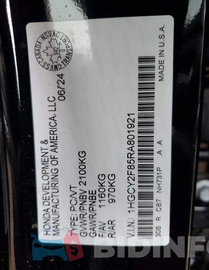1HGCY2F85RA801921 Photo# 13