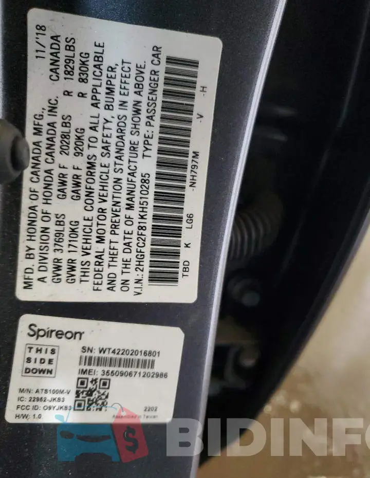 2HGFC2F81KH510285 Photo# 12