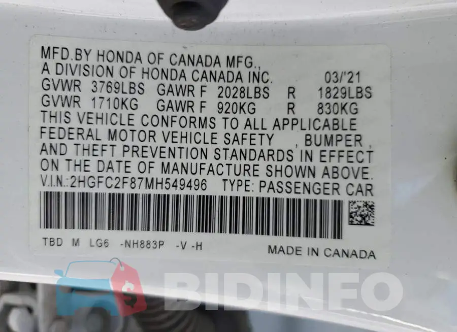 2HGFC2F87MH549496 Photo# 13