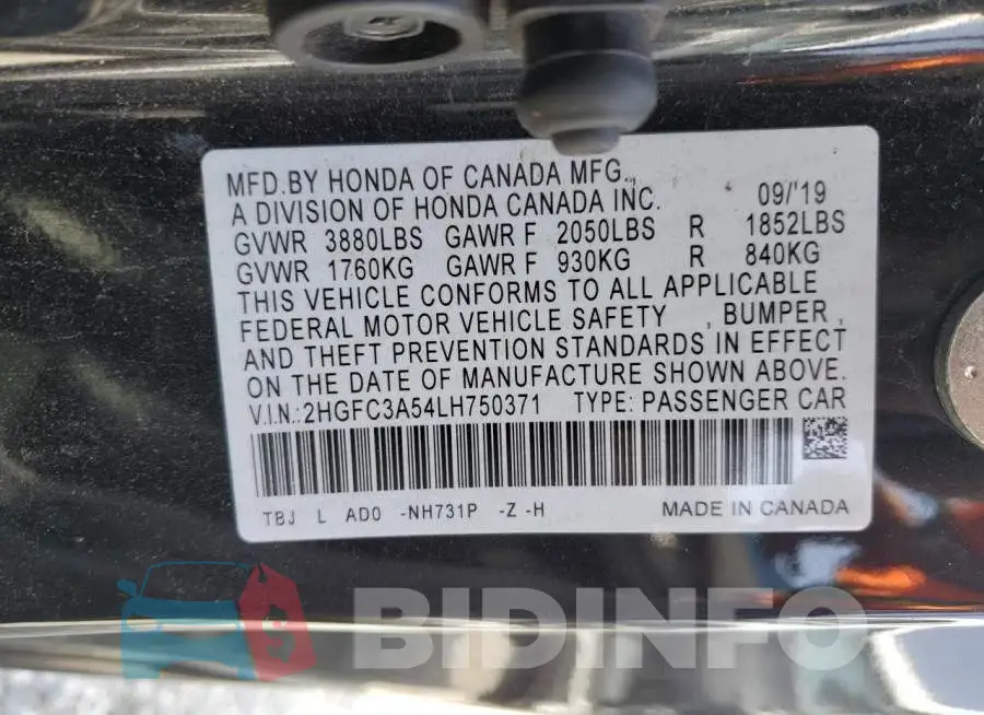 2HGFC3A54LH750371 Photo# 12