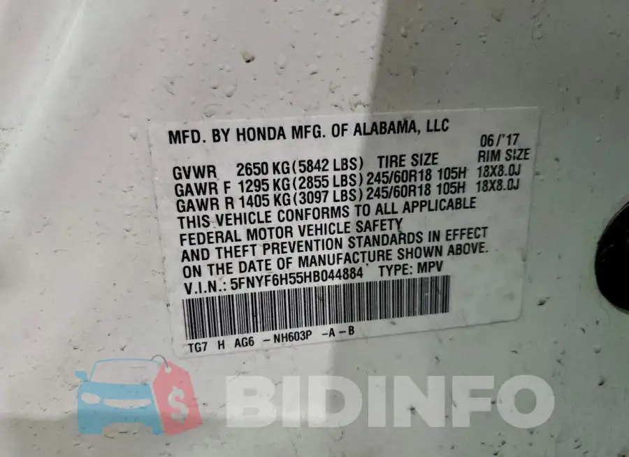 5FNYF6H55HB044884 Photo# 13