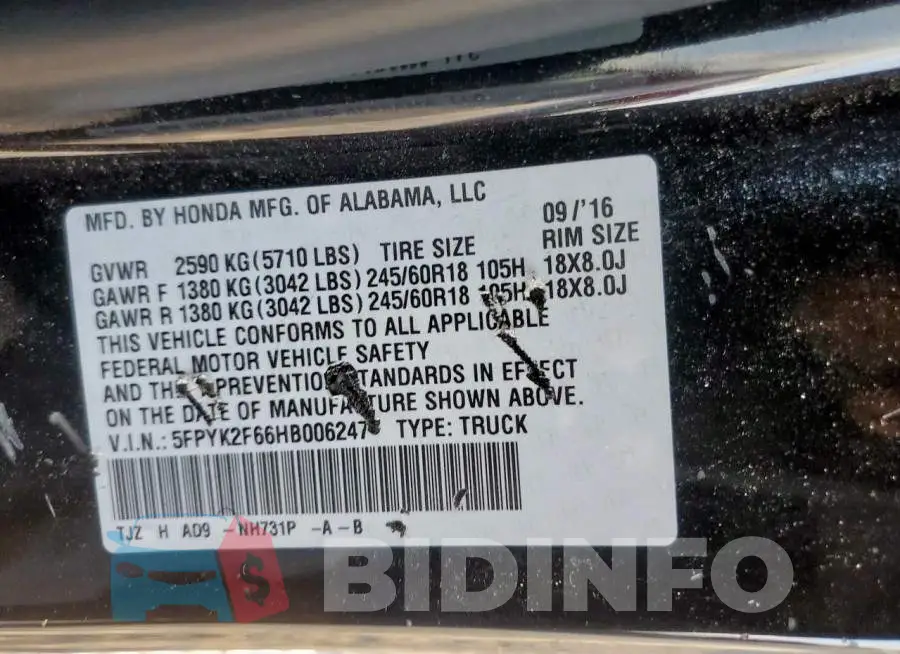 5FPYK2F66HB006247 Photo# 13