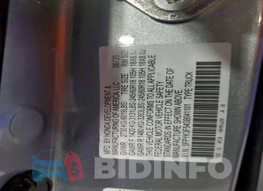 5FPYK3F54SB041101 Photo# 12