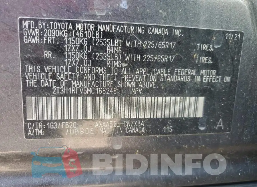 2T3H1RFV5MC166248 Photo# 13