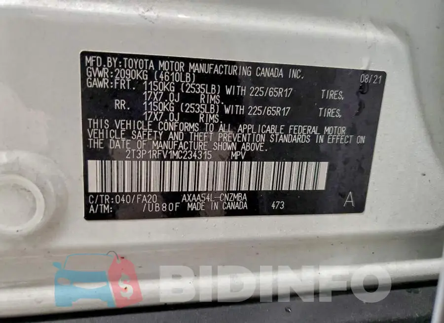 2T3P1RFV1MC234315 Photo# 13