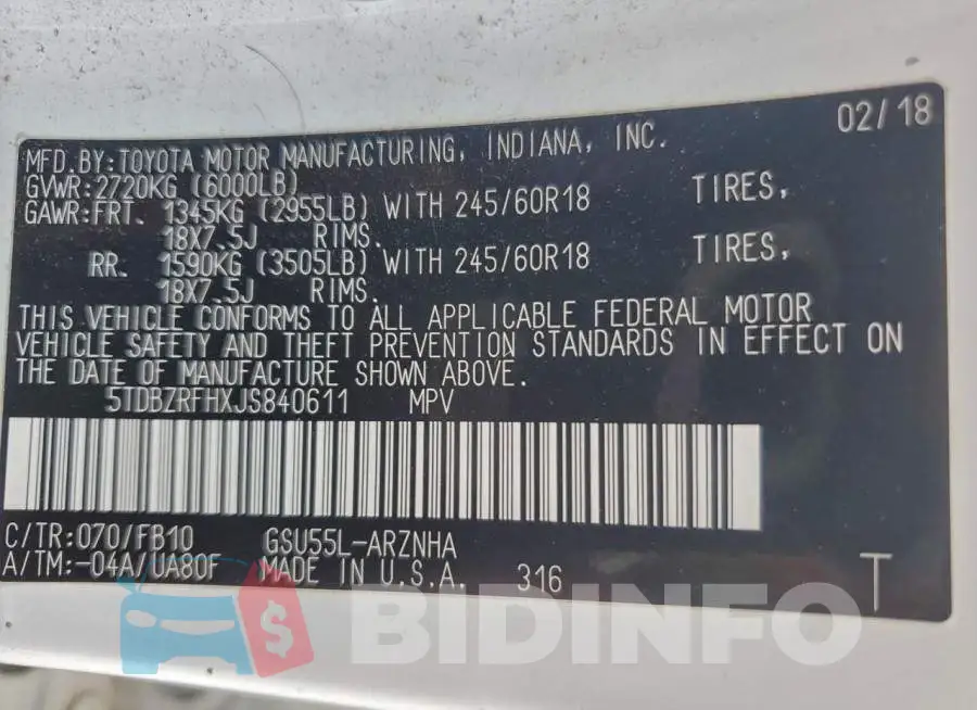 5TDBZRFHXJS840611 Photo# 13