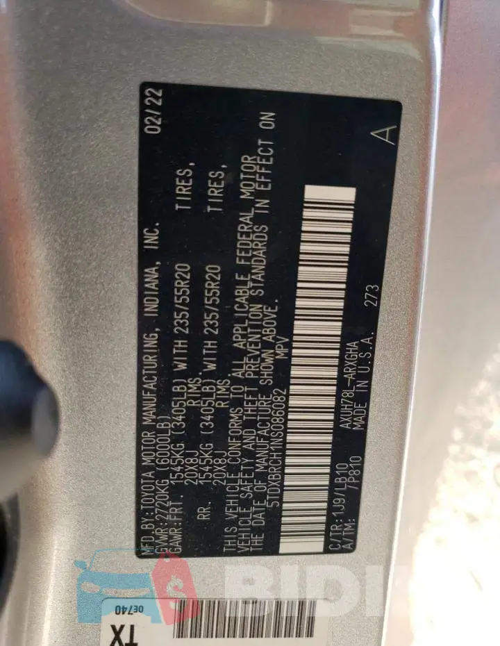 5TDXBRCH1NS086082 Photo# 13