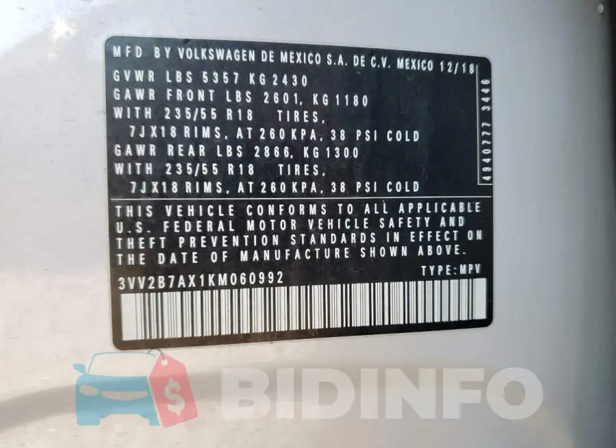 3VV2B7AX1KM060992 Photo# 13