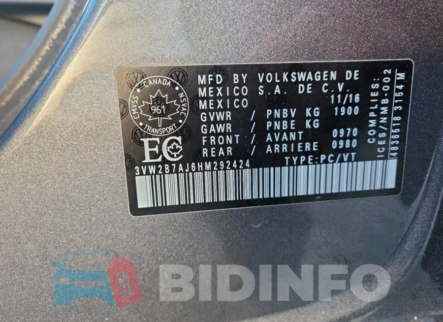 3VW2B7AJ6HM292424 Photo# 12
