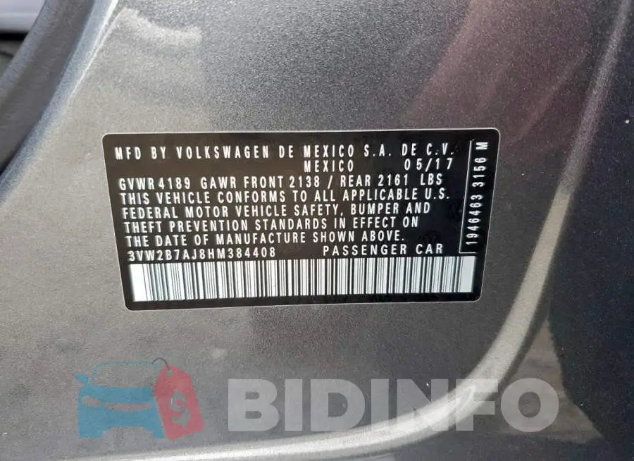 3VW2B7AJ8HM384408 Photo# 13