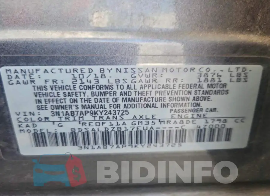 3N1AB7AP9KY243725 Photo# 12