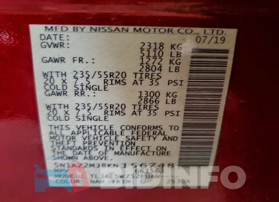 5N1AZ2MJ8KN156748 Photo# 13