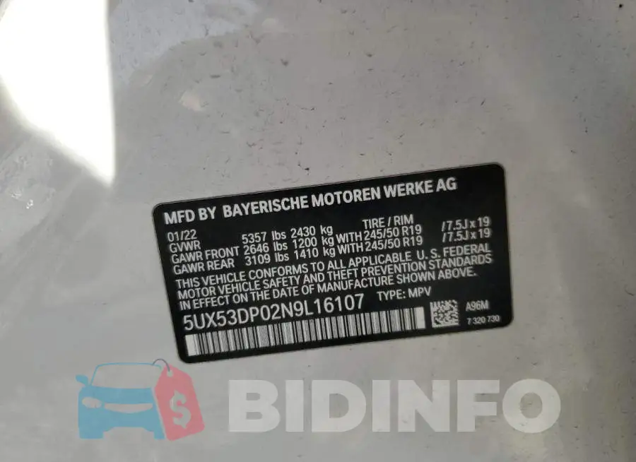 5UX53DP02N9L16107 Photo# 14