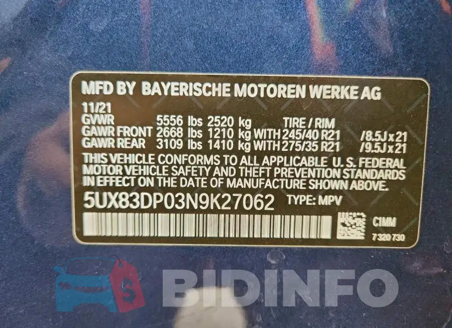 5UX83DP03N9K27062 Photo# 13